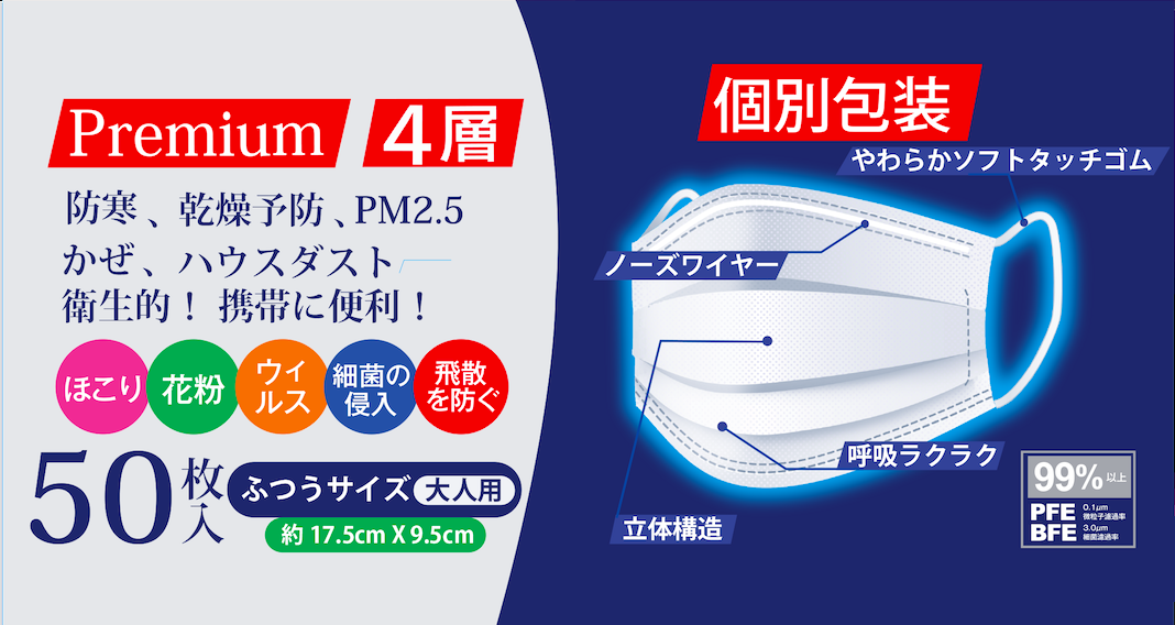 Premium 4層 使い捨てマスク50枚入り 個包装 | 株式会社グレイシャス